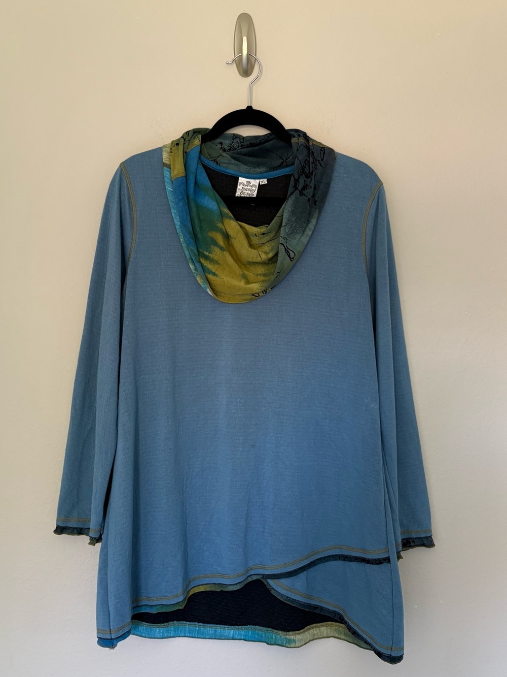 Parsley & Sage Cowl Neck Lagenlook Tunic Top Blue Green Artsy Boho Size XL
